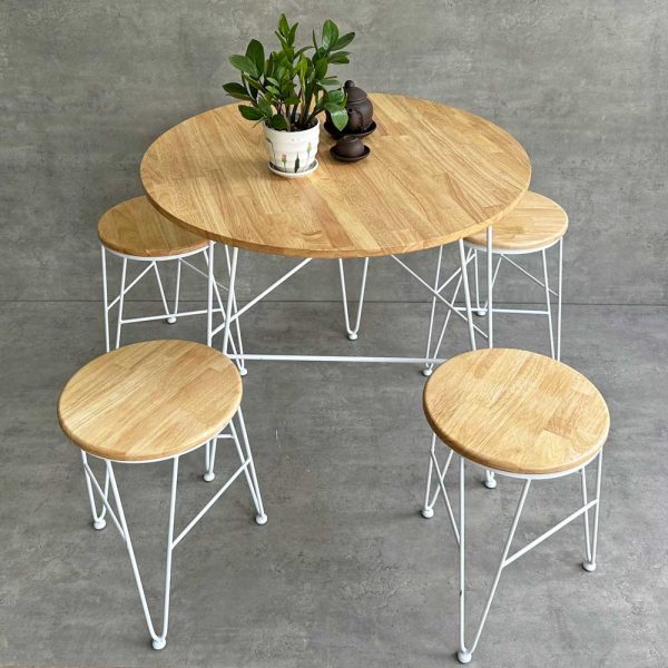 Combo bộ bàn ghế cafe tròn gỗ cao su chân sắt Hairpin CBCF258