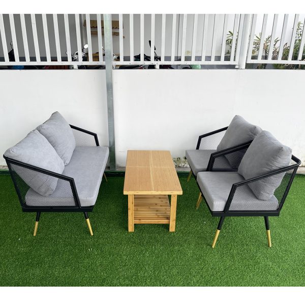 Bộ bàn ghế sofa nệm vải xám và bàn gỗ tre CBSF68020