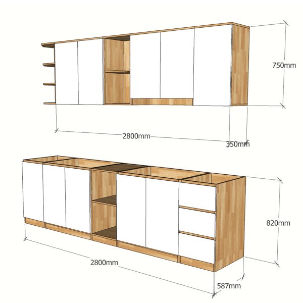 BTB68002 - Bộ hệ tủ bếp gỗ cao su chống ẩm (không bao gồm mặt đá và bồn rửa)
