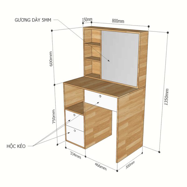 Bàn trang điểm kết hợp chân tủ gỗ cao su 80x50x135cm BTD68042