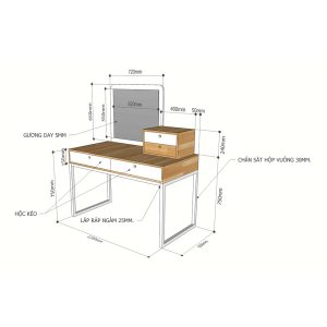 Bàn trang điểm 2 ngăn kéo gỗ cao su chân sắt sơn tĩnh điên BTD68043