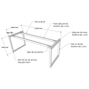 Chân sắt bàn làm việc hệ Rectang 180x70cm lắp ráp HCRT029