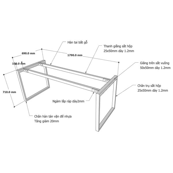 Chân sắt bàn làm việc hệ Rectang 180x70cm lắp ráp HCRT029