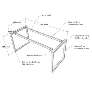 Chân sắt bàn làm việc hệ Rectang 160x70cm lắp ráp HCRT026