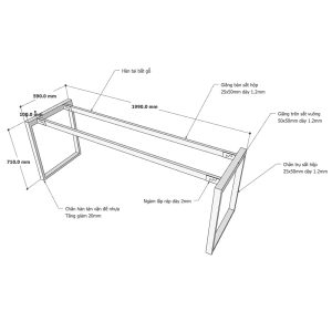 Chân sắt bàn làm việc hệ Rectang 200x60cm lắp ráp HCRT027