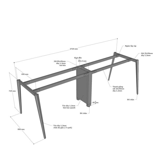 Chân sắt lắp ráp cho bàn 280x90cm hệ đa giác CHDG016