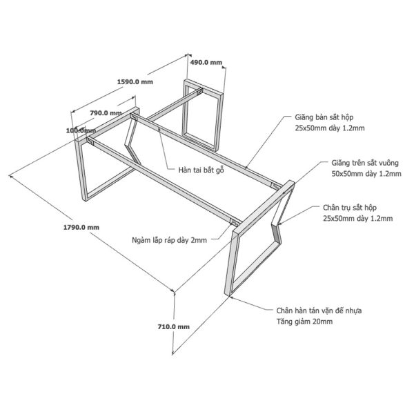 Kích thước Chân bàn sắt lắp ráp