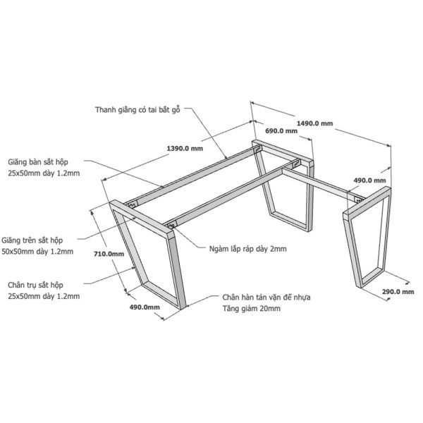 Kích thước Chân bàn sắt lắp ráp