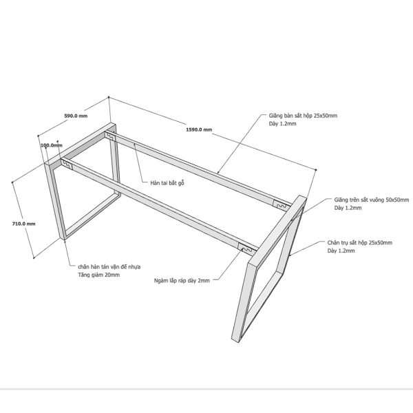 Chân sắt bàn làm việc hệ Rectang 160x60cm lắp ráp