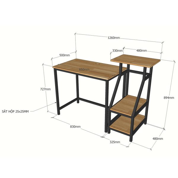 Kích thước Bàn vi tính kết hợp kệ CPU và máy in (126x50x86cm)