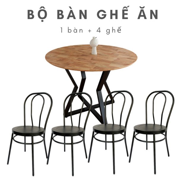 Combo bàn ghế ăn 4 người bàn ăn tròn ghế sắt CBBA042