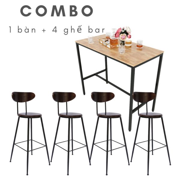 Combo Bàn Bar 120x60cm và 4 Ghế Bar Tựa Lưng Gỗ Khung Sắt CBCF103