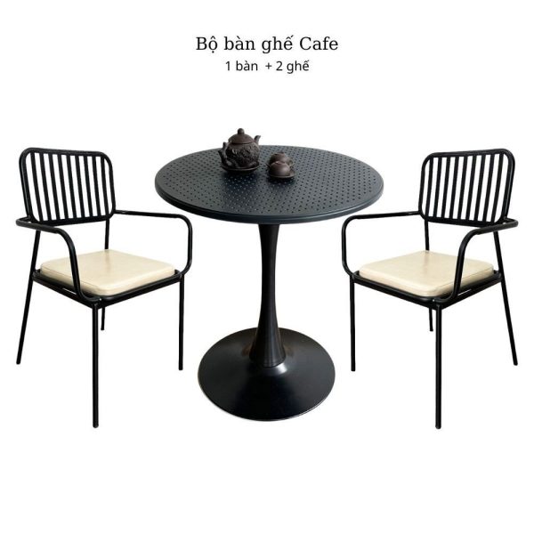 Bộ bàn cafe tròn và 2 ghế khung sắt có nệm CBCF210