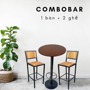 Combo Bàn Bar Tròn 60cm Và 2 Ghế Cao Có Tựa Lưng Gỗ Tràm Khung Sắt CBCF066