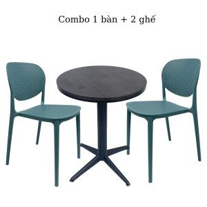 Bộ bàn cafe gỗ cao su và 2 ghế nhựa CBCF183