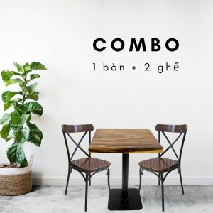 Combo Bàn Gỗ Me Tây Dày 5cm Và 2 Ghế Cafe Lưng Tựa Bằng Sắt CBCF067