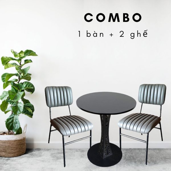 Combo Bàn Cafe Tròn 60cm Và 2 Ghế Cafe Nệm Xám GCF066