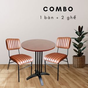 Bộ Bàn Cafe Tròn Và 2 Ghế Nệm Nâu Chân Sắt Sơn Tĩnh Điện CBCF048