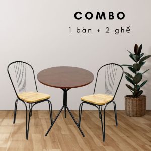 Bộ Bàn Cafe Tròn 60cm Và 2 Ghế Mặt Gỗ Lưng Tựa Sắt CBCF049