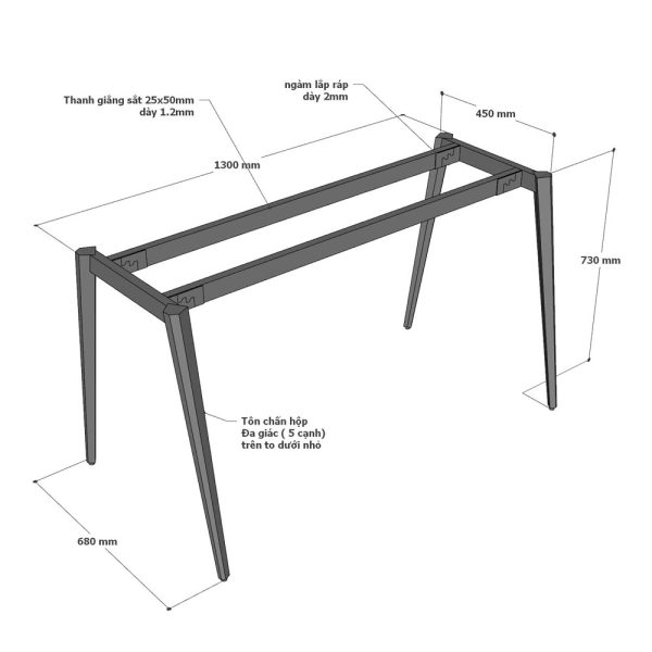 Bàn làm việc 140x70cm gỗ plywood chân sắt hệ Đa Giác HDG008