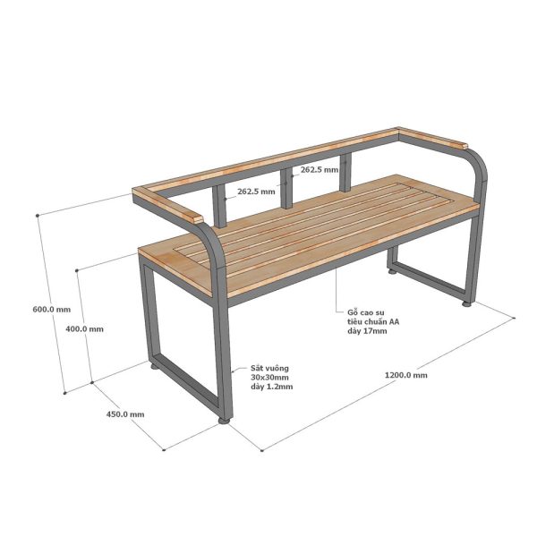 Ghế băng có tay tựa 120x45x60cm gỗ cao su GBD030