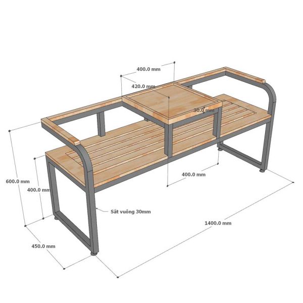 Ghế băng dài liền khay trà khung sắt mặt gỗ GBD031