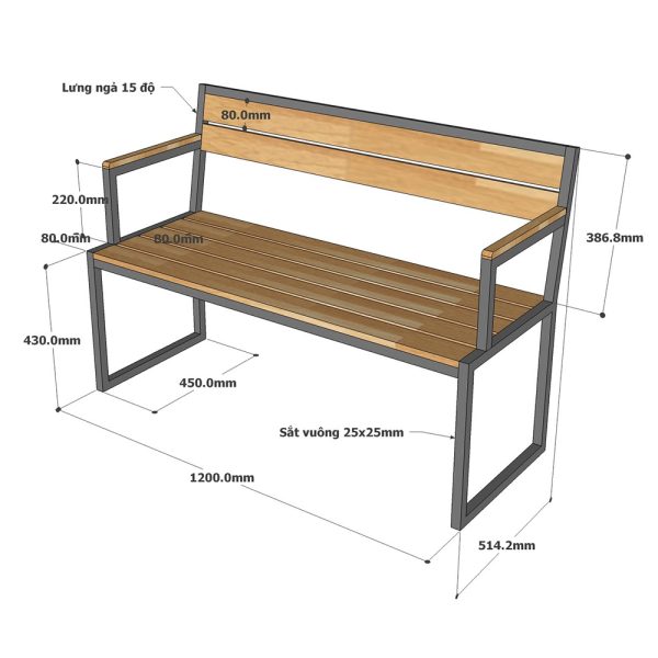 Ghế băng 1m2 có tựa lưng và tay vịn GBD017