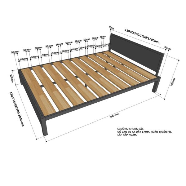 Giường ngủ gỗ cao su khung sắt lắp ráp GN68031