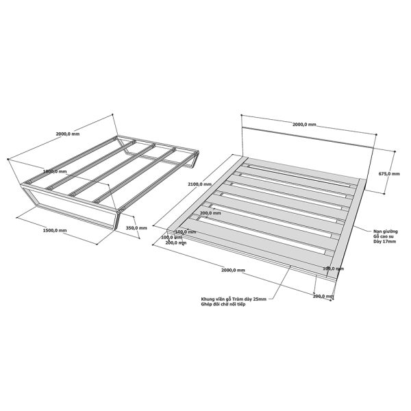 Giường ngủ đôi gỗ tràm chân sắt GN68044