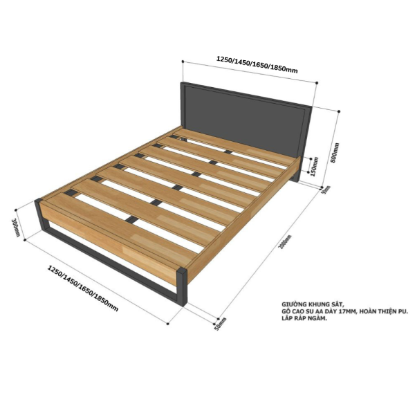 Giường ngủ gỗ cao su khung sắt lắp ráp GN68028