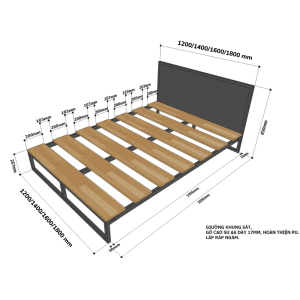 Giường ngủ hiện đại gỗ cao su khung sắt lắp ráp GN68029
