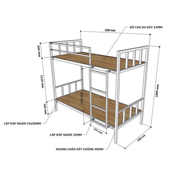 Giường tầng gỗ cao su tự nhiên khung sắt GT005