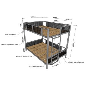 Giường tầng 140x200cm gỗ cao su khung sắt GT011