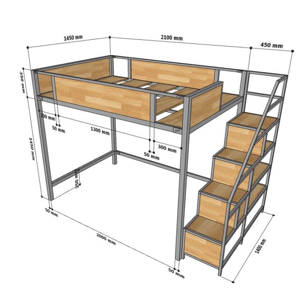 Giường 140x200cm kết hợp kệ trang trí gỗ cao su khung sắt GT012