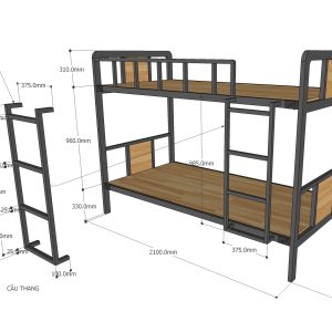 GT001- Giường tầng khung sắt lắp ráp gỗ cao su lau nâu ( 210x105x160cm)