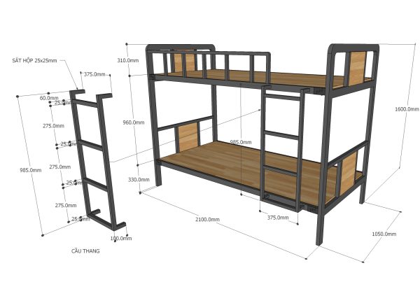 GT001- Giường tầng khung sắt lắp ráp gỗ cao su lau nâu ( 210x105x160cm)