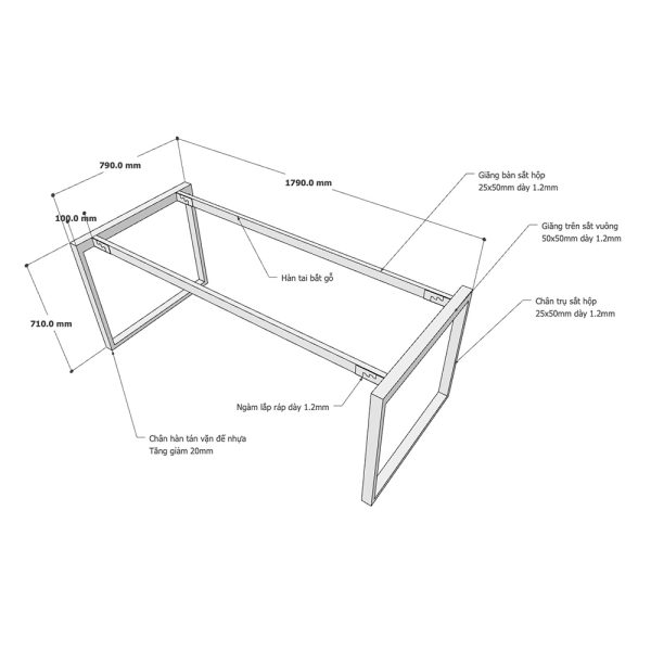 Chân sắt bàn làm việc hệ Rectang 180x80cm lắp ráp HCRT028