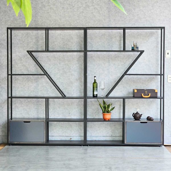 Hệ kệ trang trí khung sắt 240x35x180cm gỗ cao su KTB68166