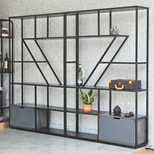 Hệ kệ trang trí khung sắt 240x35x180cm gỗ cao su KTB68166