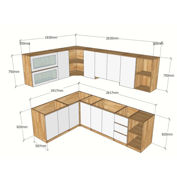 BTB68005 - Hệ tủ bếp chữ L gỗ cao su hiện đại ( không bao gồm mặt đá và bồn rửa)