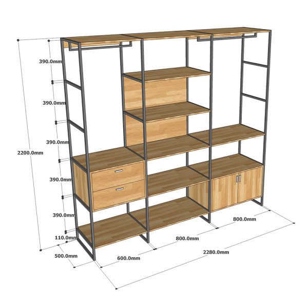 Hệ tủ kệ quần áo gỗ cao su khung sắt TQA68044