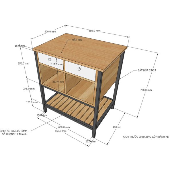 Kệ bếp di động TOMA khung sắt gỗ mặt gỗ tre (68x50x84cm)