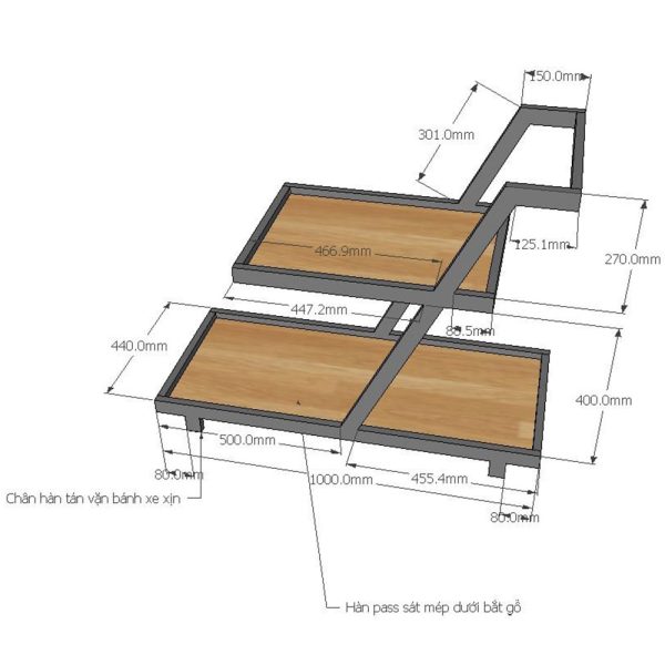 Kệ bếp di động 2 tầng gỗ cao su khung sắt Gina KB68022