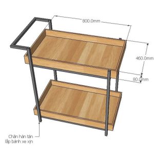 Kệ đẩy di động 2 tầng gỗ cao su khung sắt KB68023
