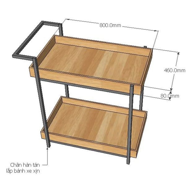 Kệ đẩy di động 2 tầng gỗ cao su khung sắt KB68023
