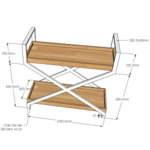 Kích thước Kệ đẩy 2 tầng gỗ cao su khung sắt sơn tĩnh điện KB68025