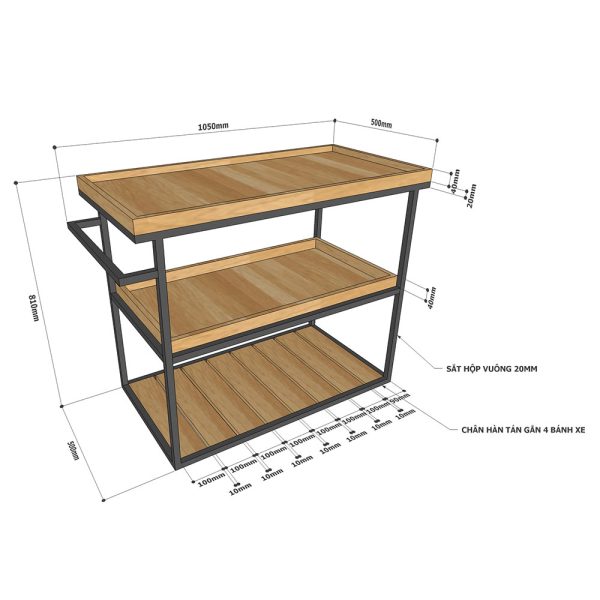 Kệ đẩy đi động 3 tầng gỗ cao su khung sắt KB68026