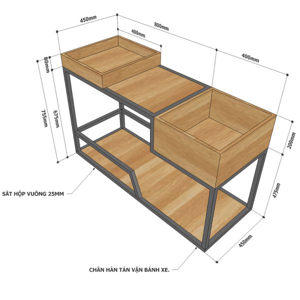 Kệ di động đa năng gỗ cao su khung sắt sơn tĩnh điện KB68028
