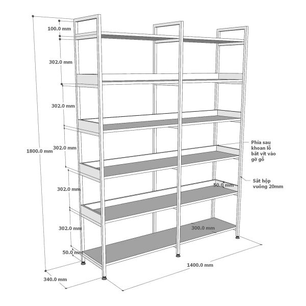 Kệ sách 6 tầng 140x34x180cm gỗ cao su khung sắt KS68244