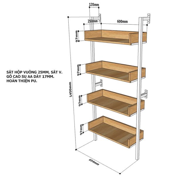 Kệ sắt áp tường 4 tầng 65x25x145(cm) KTT68019